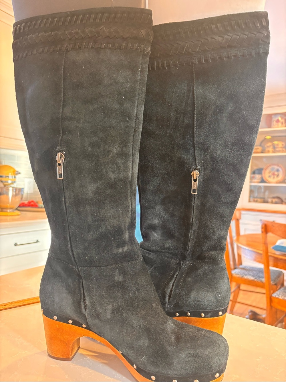 UGG Black Suede Knee-High Braided-Trim Boots with Wood Block Heel